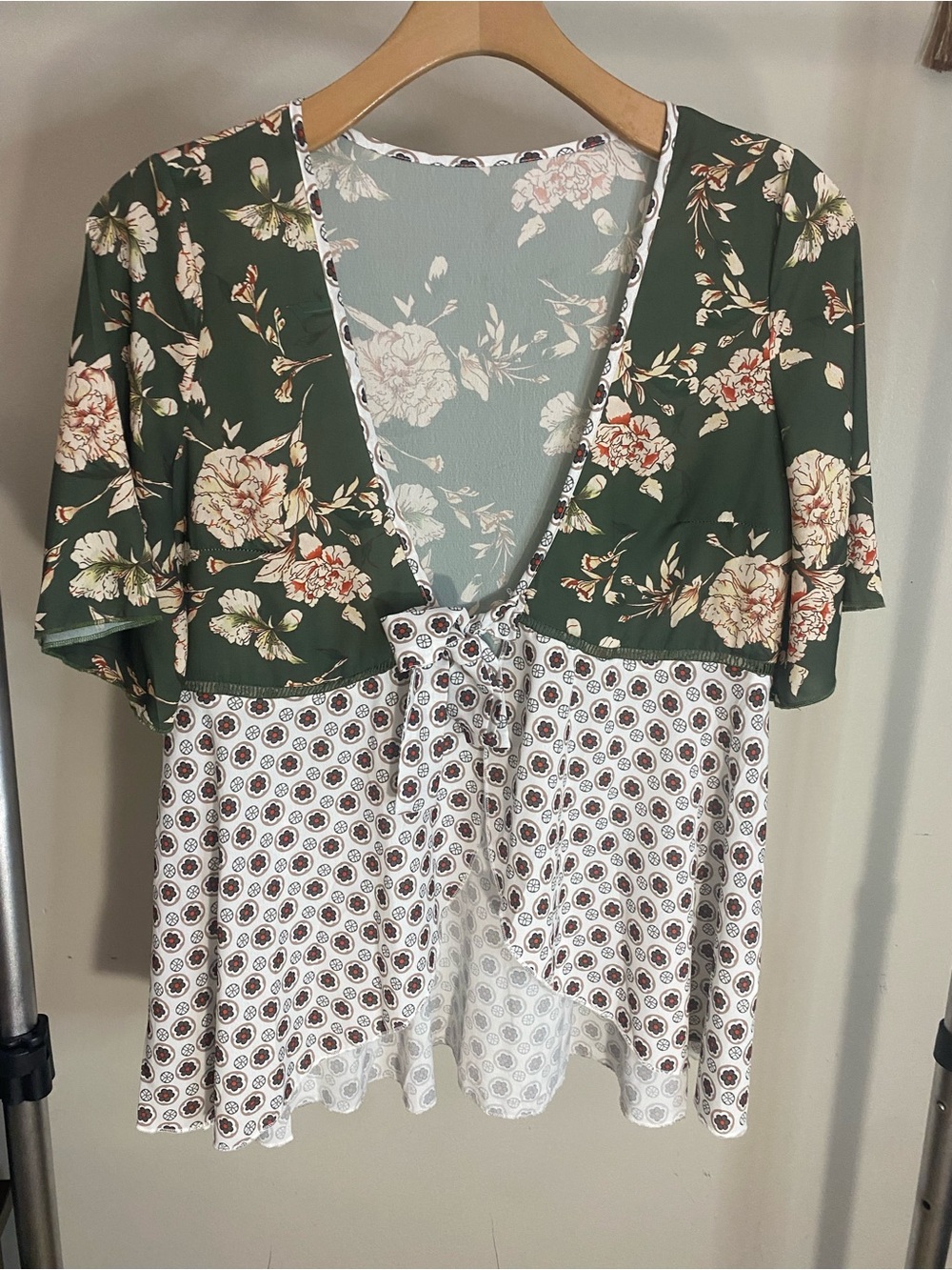 Army green boho romantic floral peplum blouse| Cottagecore tie flutter sleeve
